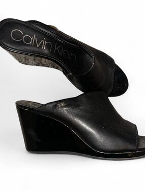 Calvin Klein Black Leather Wedge Slide Sandals